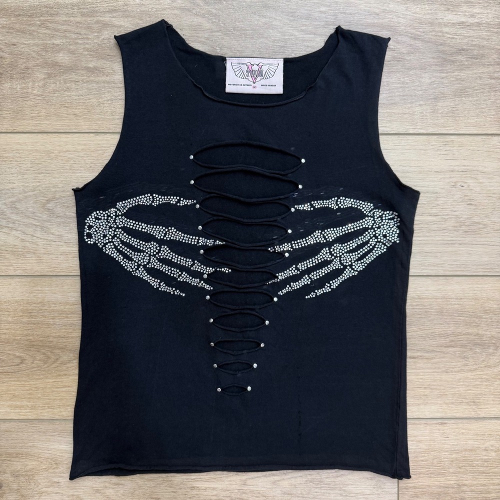 Twin V Black Skeleton Hand Rhinestone Cut Out Biker Tank Top 1X